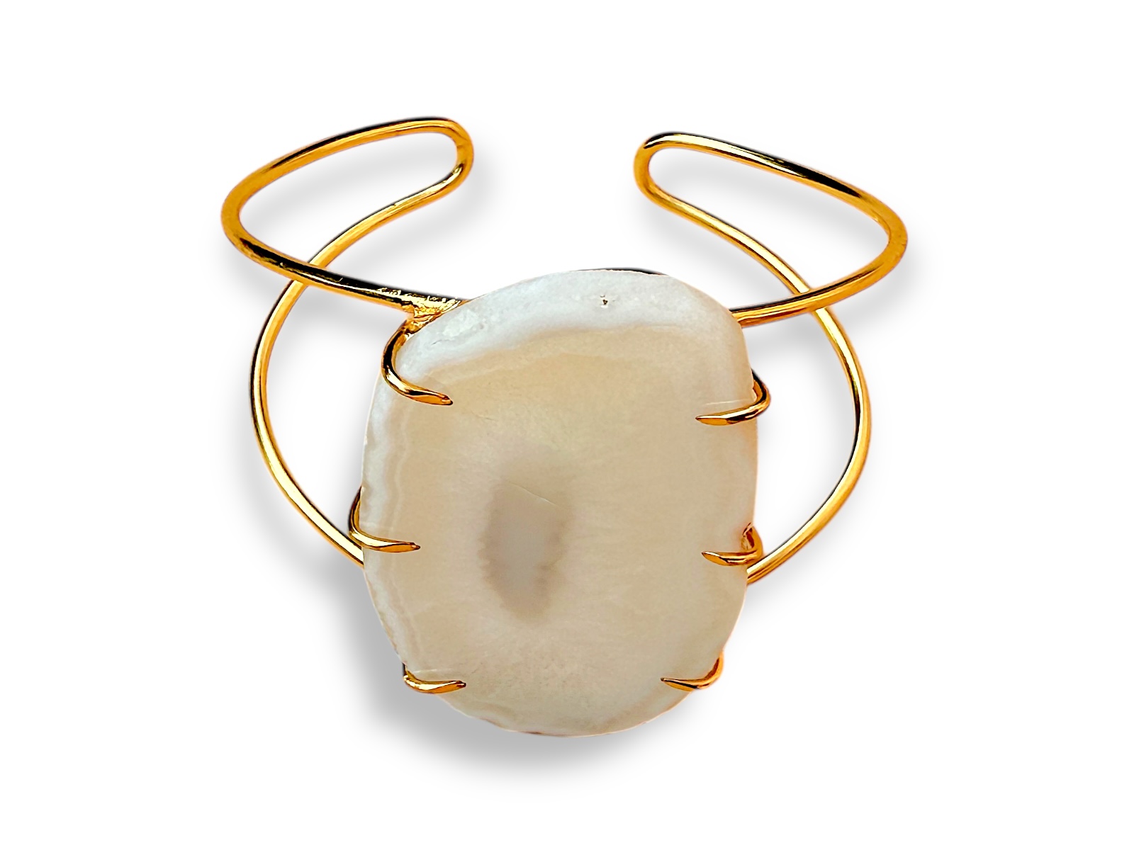 A Gold Plated Tapered Bands Open Cuff, With A Large, Natural Patterned, White Agate Oval Panel. - Image 4