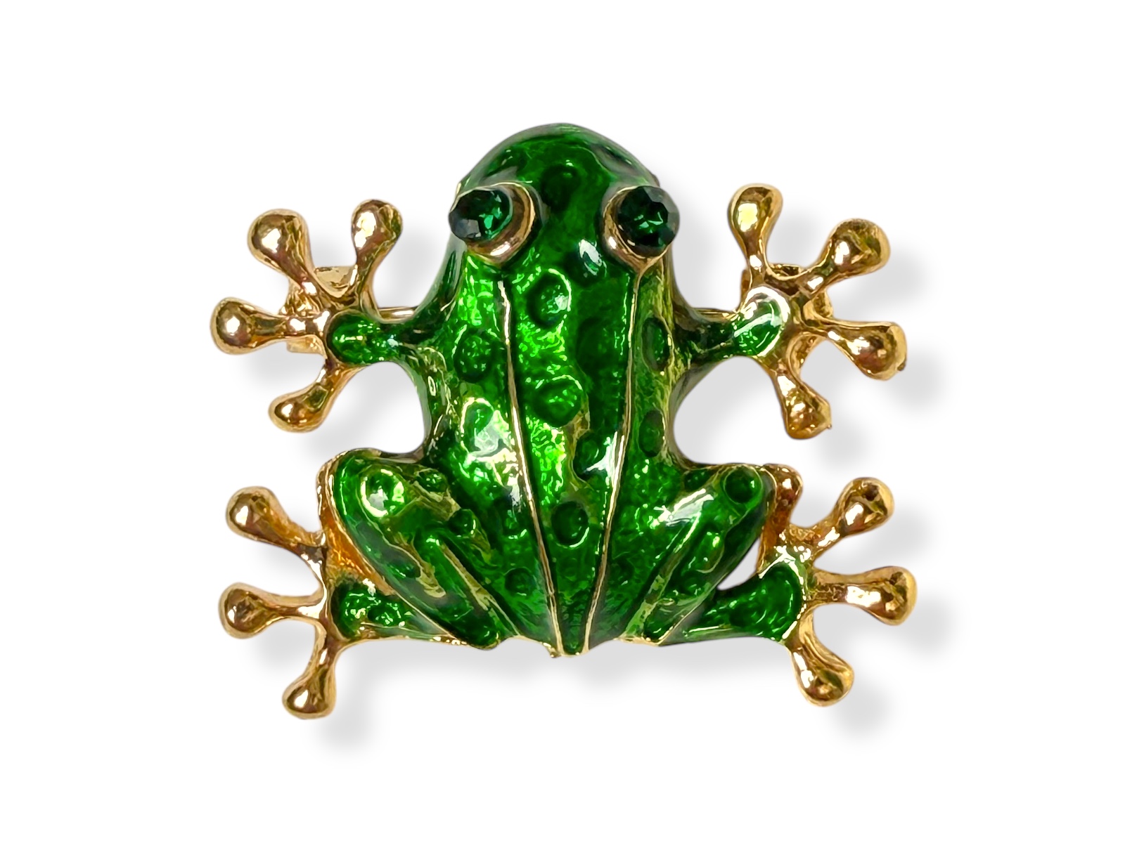 A Small Golden Metal Green Enamelled Frog Brooch