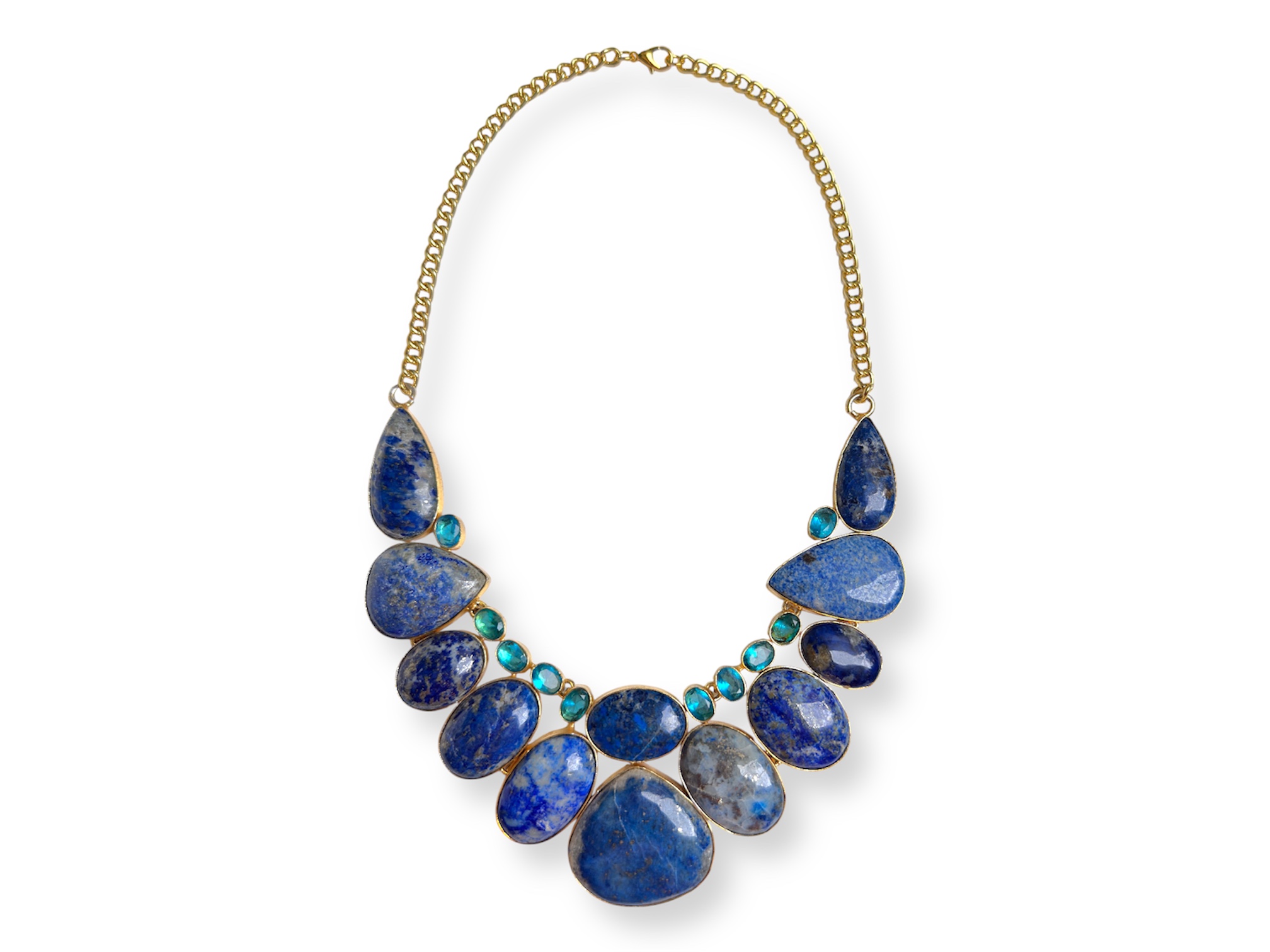 A Gold Plated Chain Necklace With A Curved Band Of Linked Panels, Inlaid With Lapis Lazuli And Turquoise Facetted Glass Cabochons.