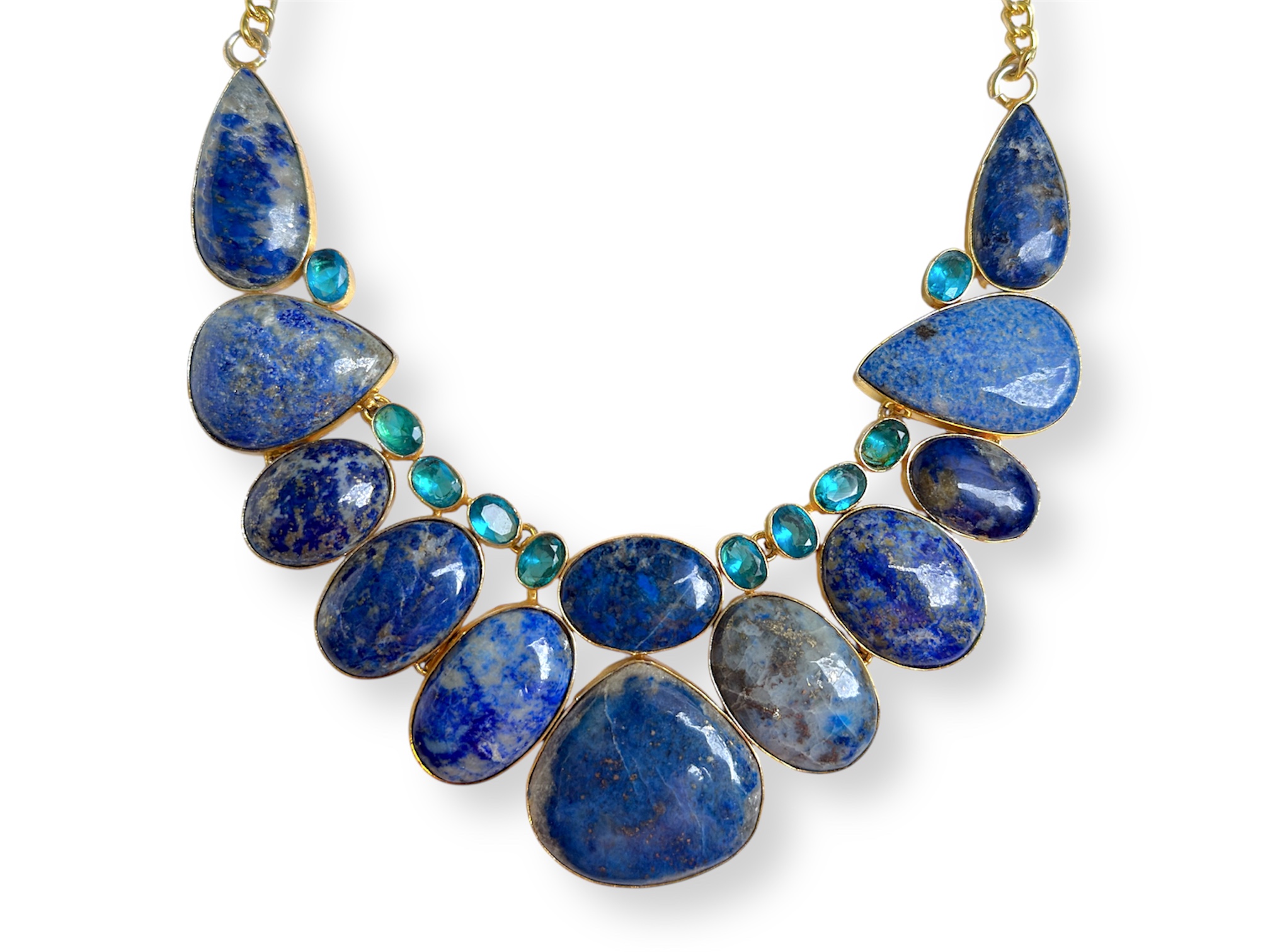 A Gold Plated Chain Necklace With A Curved Band Of Linked Panels, Inlaid With Lapis Lazuli And Turquoise Facetted Glass Cabochons. - Image 2