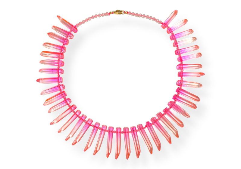 A Necklace Of Orange To Pink Facetted Resin Drops And Pink Facetted Resin Small Round Beads.