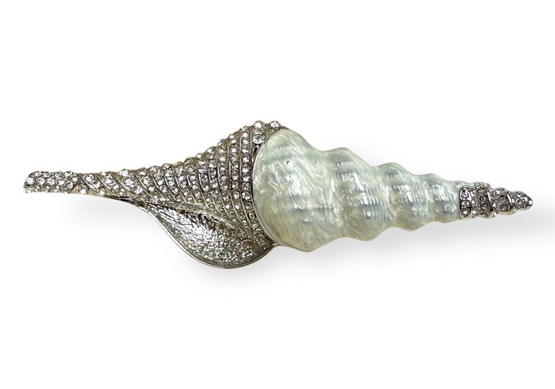 Silvered Metal Enamelled Shell Brooch With Clear Facetted Glass Cabochons