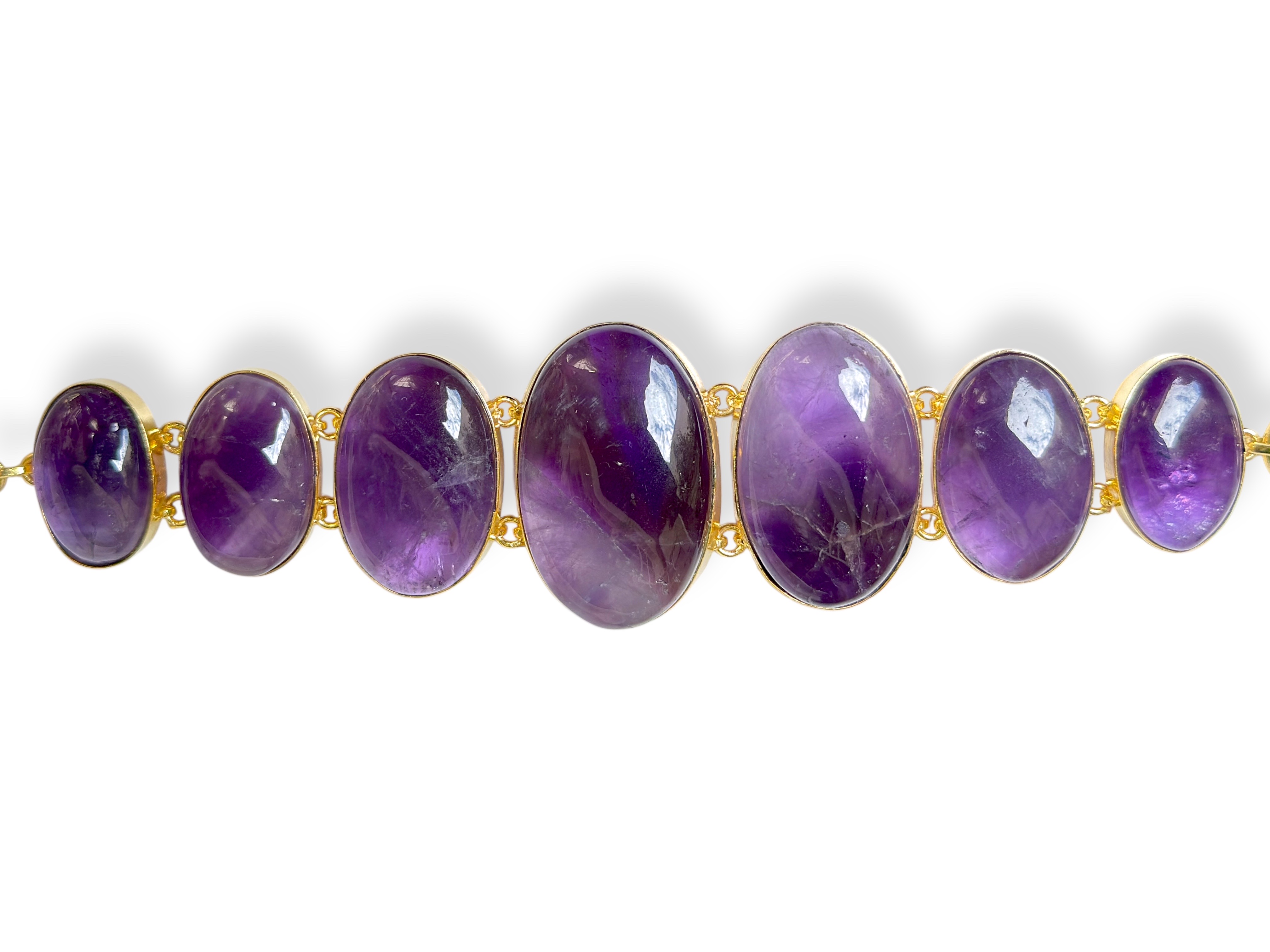 A Gold Plated Bracelet With Oval Shaped Linked Panels, Each Inlaid With An Amethyst Cabochon. - Image 2