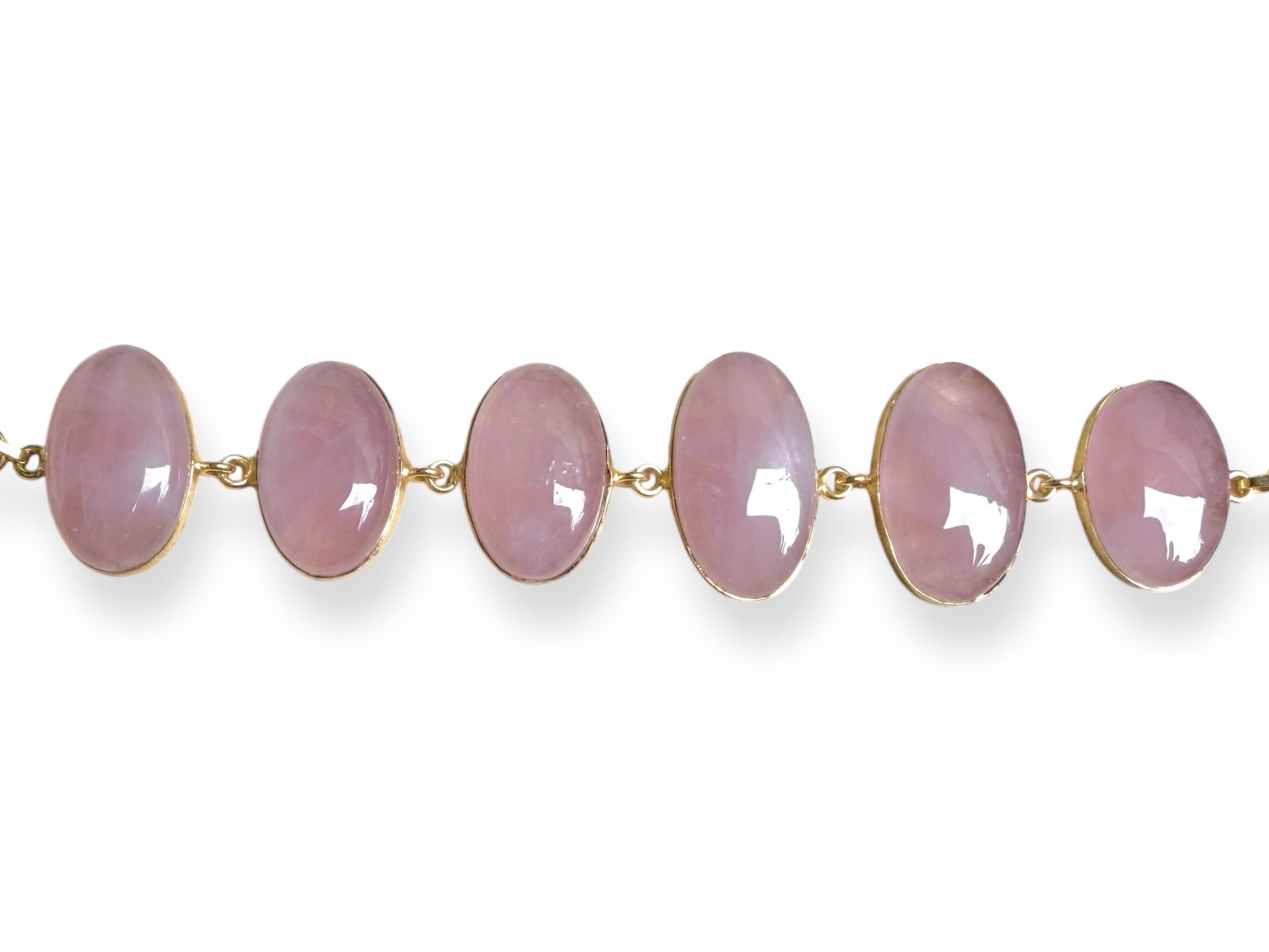 A Gold Plated Bracelet With Six Linked Rose Quartz Domed Oval Cabochons Set In Gold Plated Frames. - Image 2