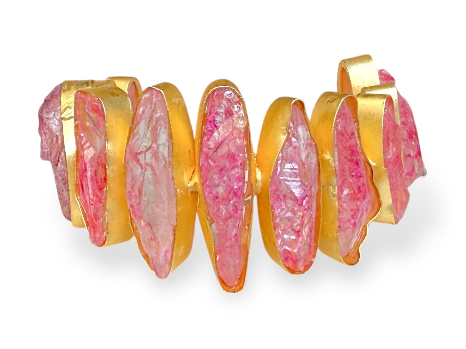 A Gold Plated Open Cuff Decorated With Eleven Pink Electroplated Crystals, Each Set In A Gold Plated Frame.