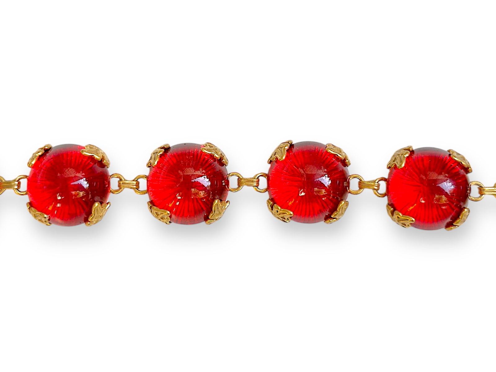 A Golden Metal Bracelet Of Six Linked Circular Panels, Each With A Red Glass Domed Circular Cabochon. - Image 2
