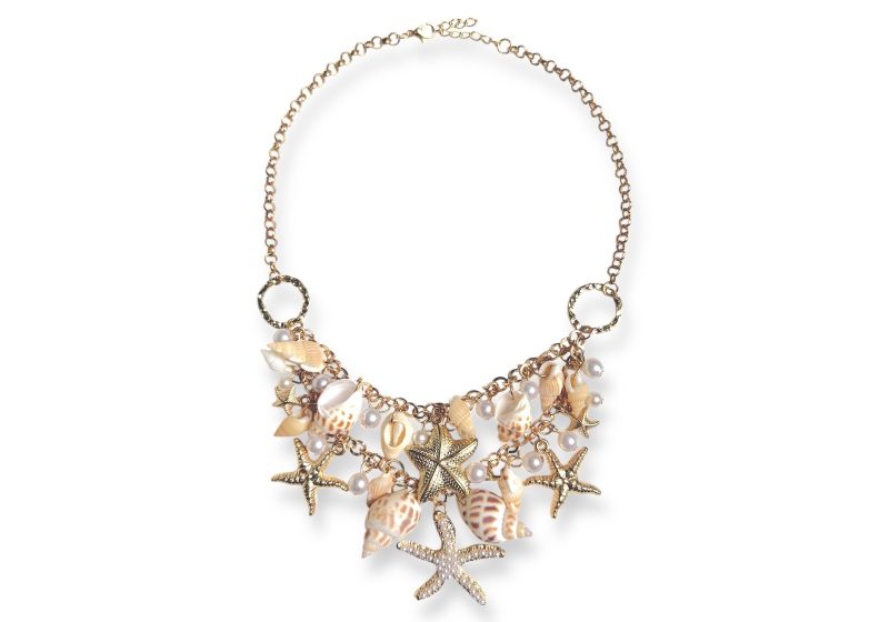 A Golden Metal Long Chain Necklace With Two Chains Decorated With Pendants Of Shells, Golden Metal Starfish, And White Glass 'Faux Pearls'.