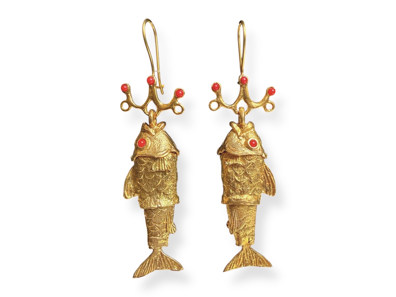 A Pair Of Gold Plated Articulated Long Fish Drop Earrings With Red Glass Cabochons
