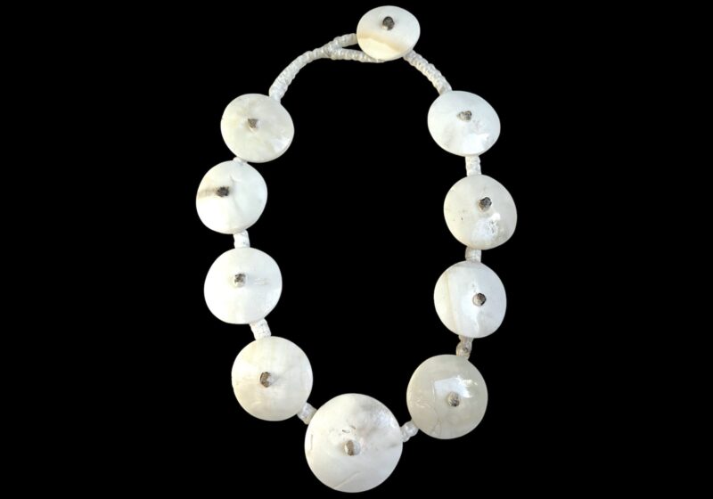 A Naga Necklace Of Ten Large White Circular Conch Shells On A White Braided Cotton Band.