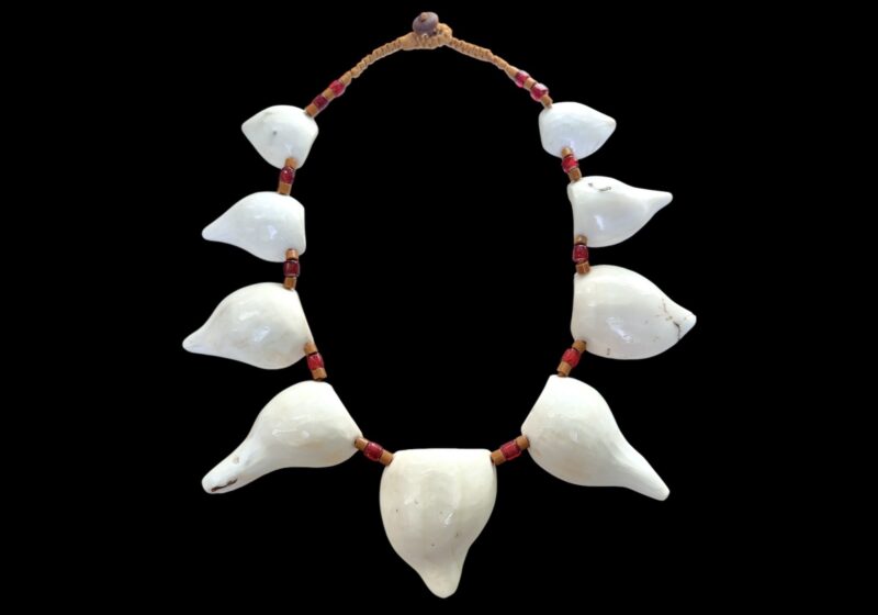 A Naga Braided Cord Necklace Of Nine White Sliced Domed Shell Pendants, And Red And Orange Glass Tubular Beads