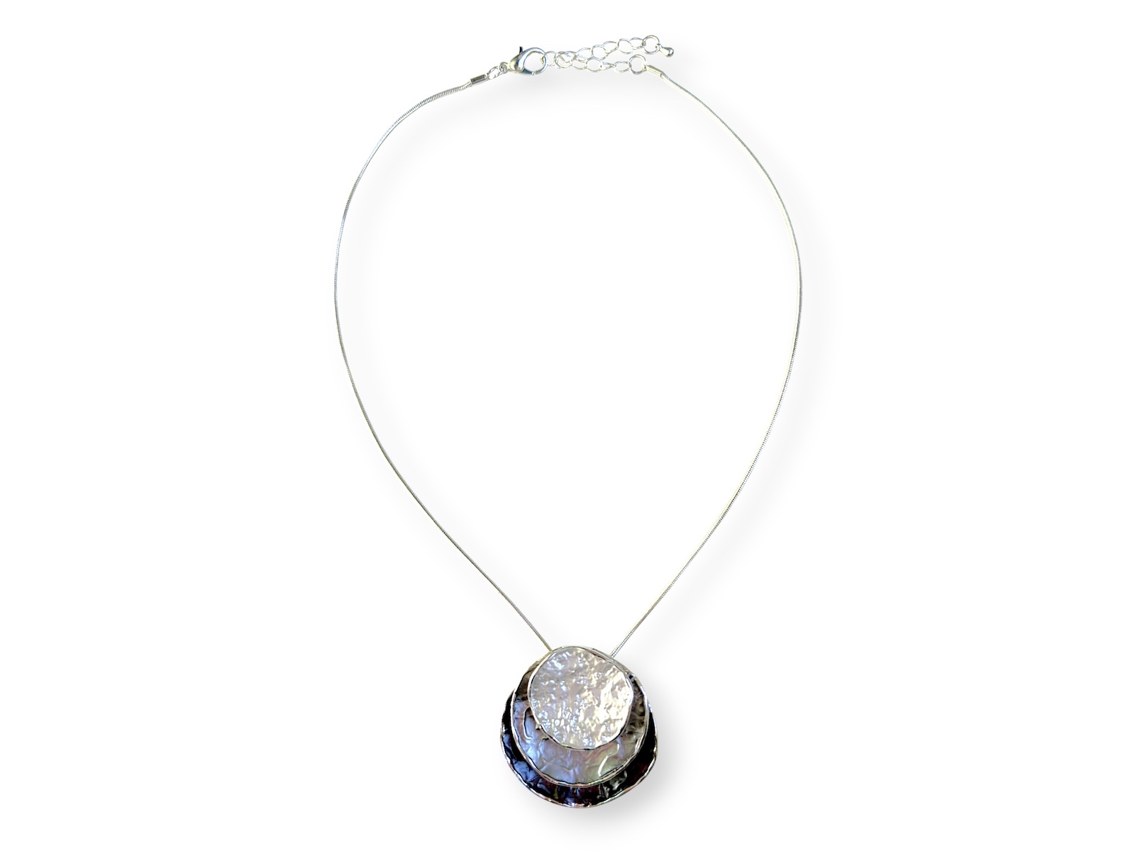 A Silver Plated Pendant Of Three Circular White, Grey, And Black Enamelled Overlapping Discs On A Silver Plated BandNecklace. - Image 2