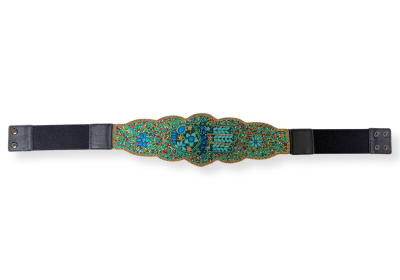 A Wide Elasticated Black Band Belt, With A Long Panel, Patterned With Small Multicoloured Mixed Shaped And Sized Resin Beads.