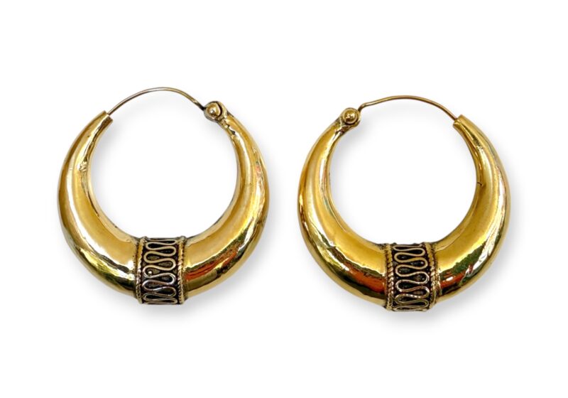A Pair Of Balinese Brass Small Hollow Tapered Hoop Earrings, With A Panel At The Base, Decorated With A Coiled Brass Wire Band.