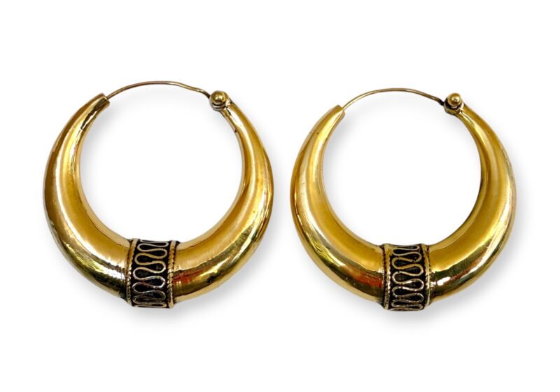 A Pair Of Balinese Brass Medium Hollow Tapered Hoop Earrings, With A Panel At The Base, Decorated With A Coiled Brass Wire Band.