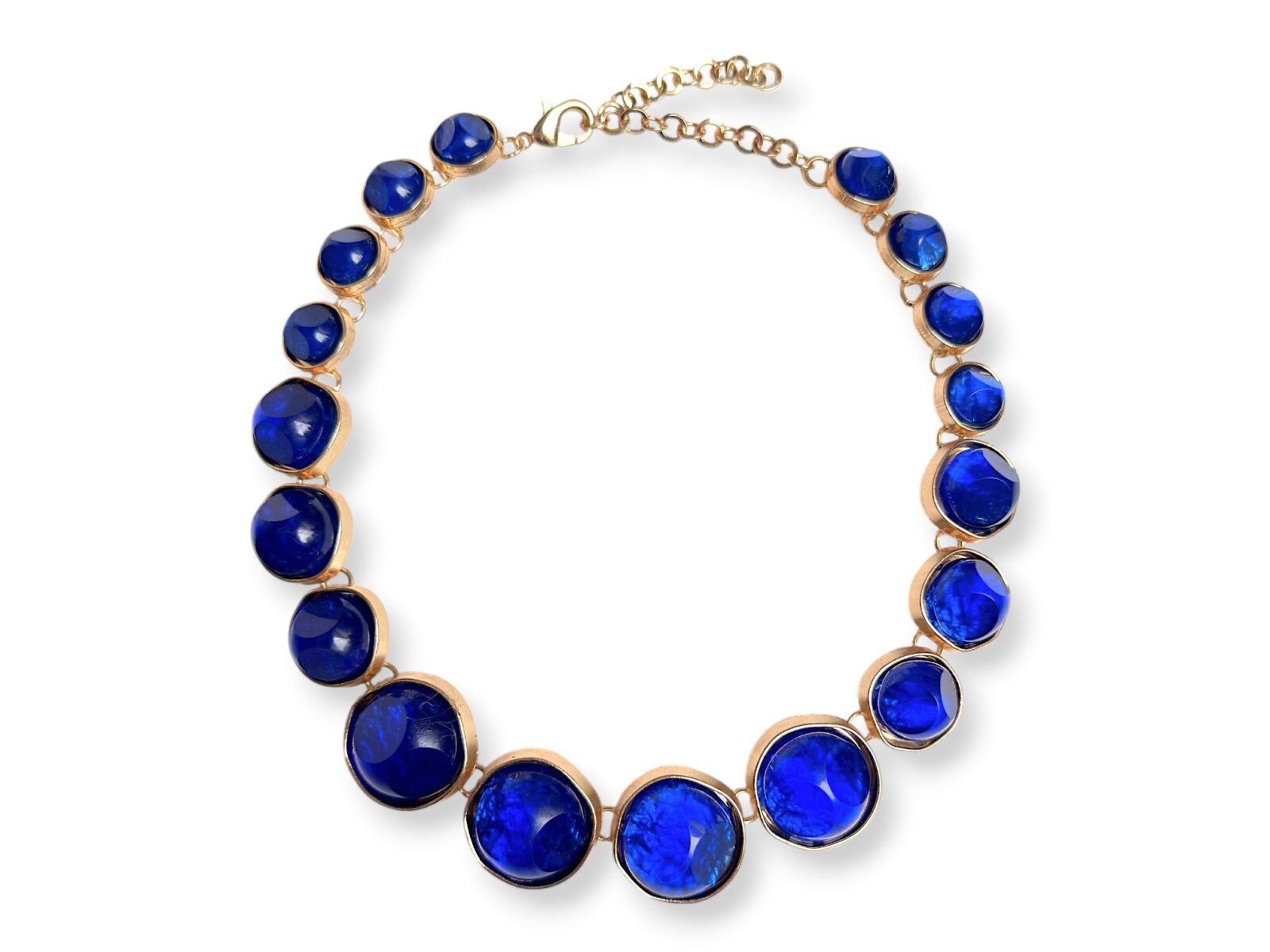A Golden Metal Chain Necklace With Golden Metal Circular Panels, Each Inlaid With A Blue Glass Domed Circular Cabochon.
