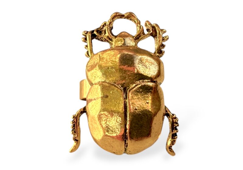A Golden Metal Stag Beetle On A Golden Metal Adjustable Band Ring.