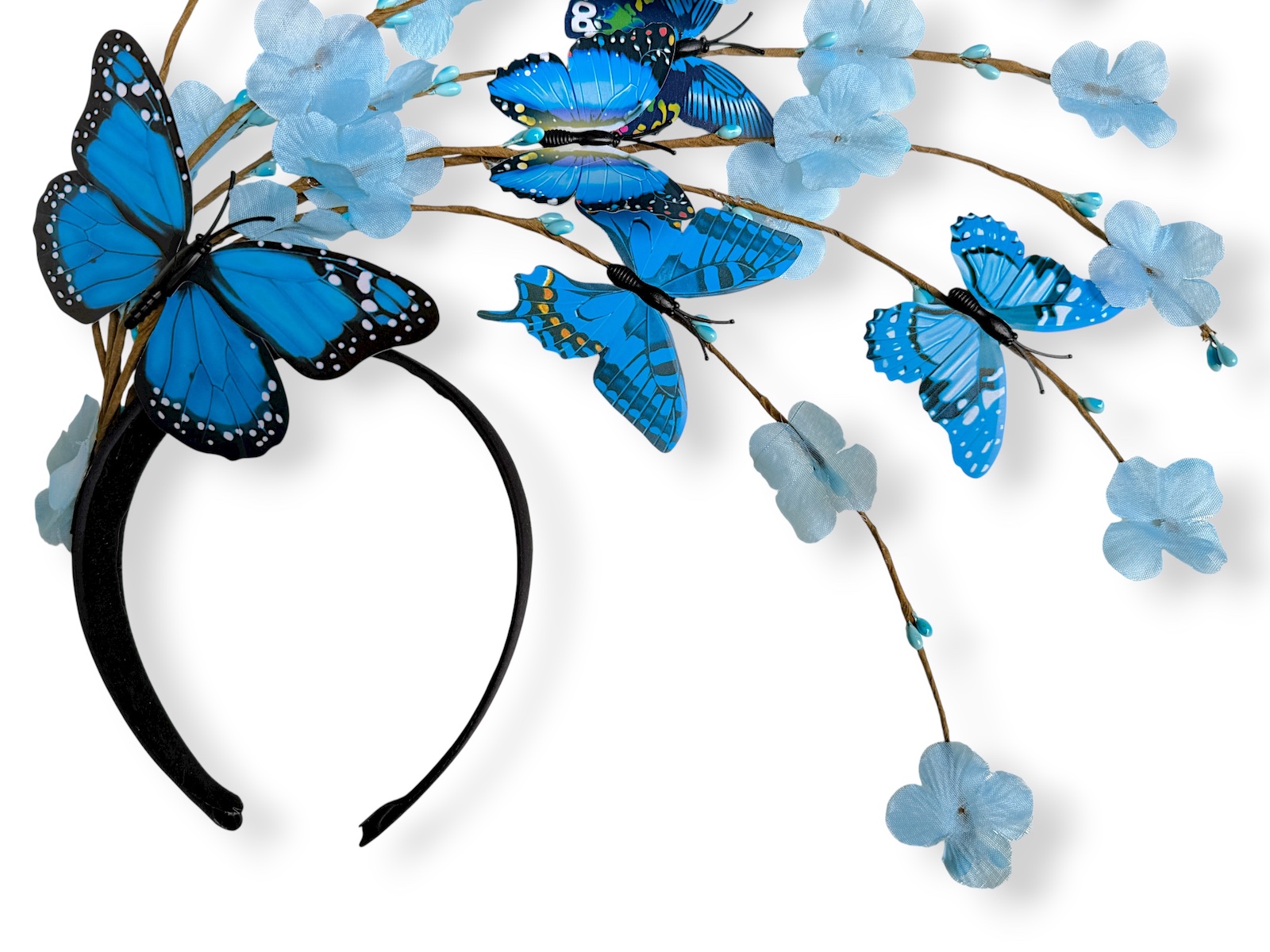 A Black Fabric Covered Headband, With Eight Long Curved Bands Decorated With Blue Butterflies And Light Blue Fabric Flowers. - Image 2