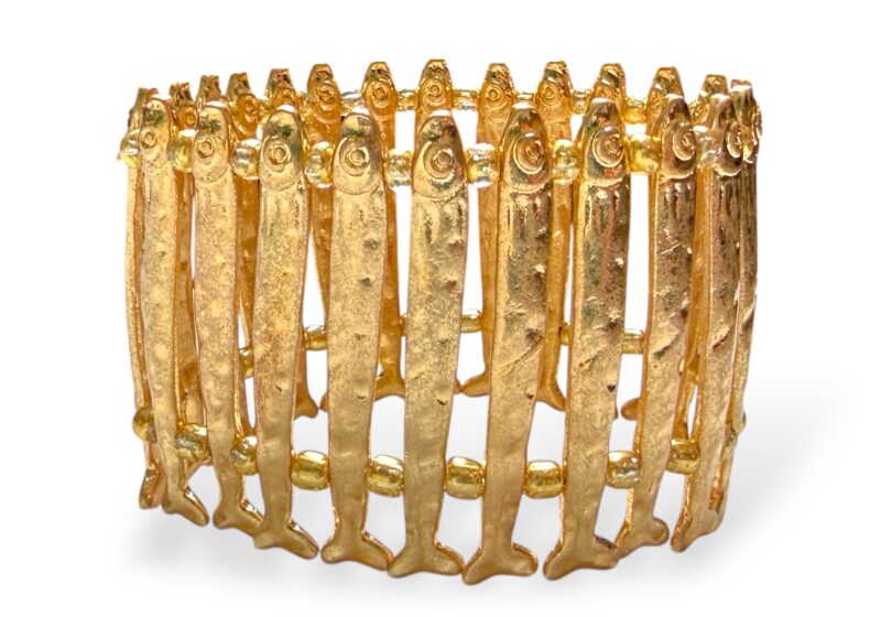 One Elasticated Bracelet With Twenty-Five Golden Metal Long Narrow Patterned Fish Panels And Small Golden Metal Beads.