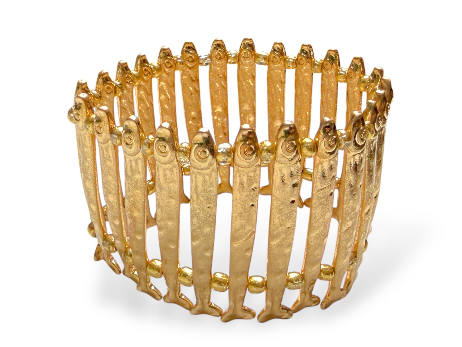 One Elasticated Bracelet With Twenty-Five Golden Metal Long Narrow Patterned Fish Panels And Small Golden Metal Beads. - Image 2