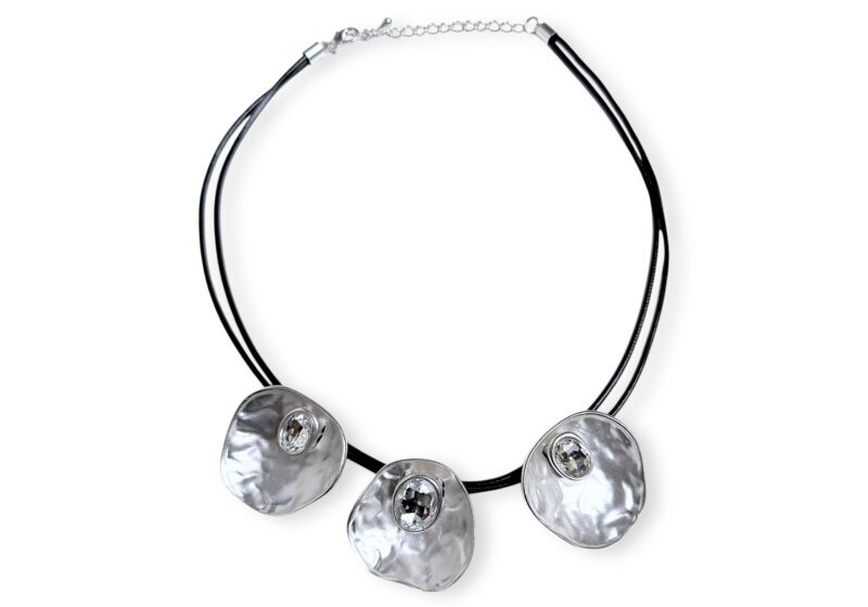 A Two Stand Leather Cord Necklace With Three Matt Silvered Metal Panels, Each Inlaid With An Oval Facetted Glass Cabochon.