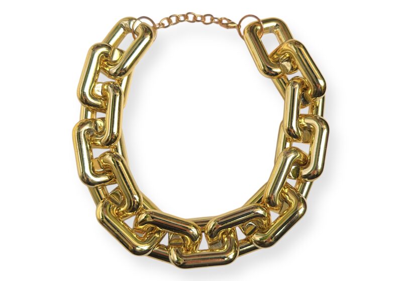 A Necklace Of Fifteen Golden Metal Large Linked Rectangular Hollow Tubular Bands And A Golden Metal Chain.