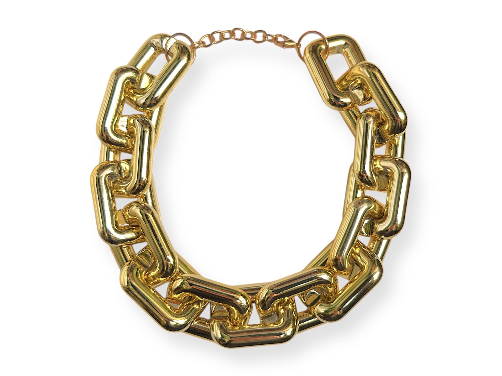 A Necklace Of Fifteen Golden Metal Large Linked Rectangular Hollow Tubular Bands And A Golden Metal Chain.