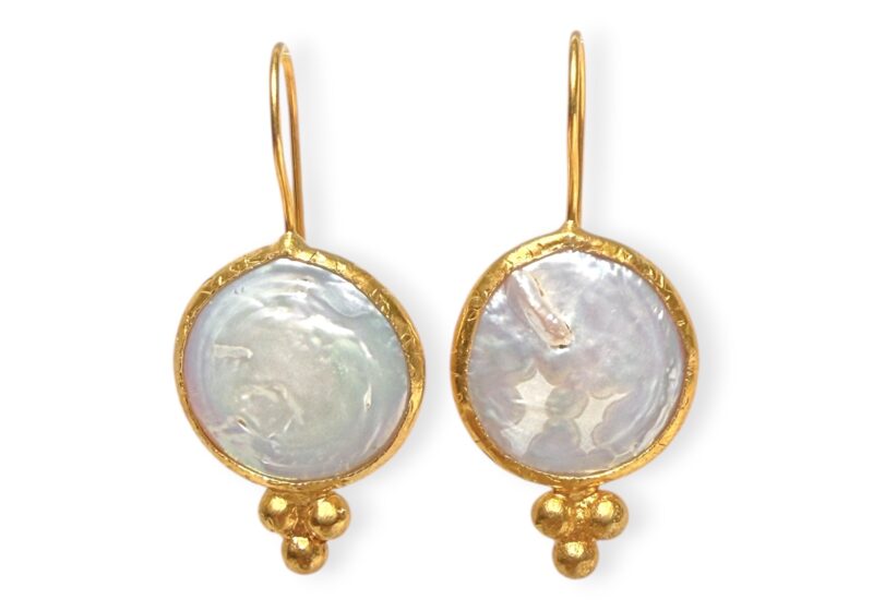 A Pair Of Gold Plated Earrings, Each With A White Freshwater Coin Pearl, Set In A Gold Plated Circular Frame.