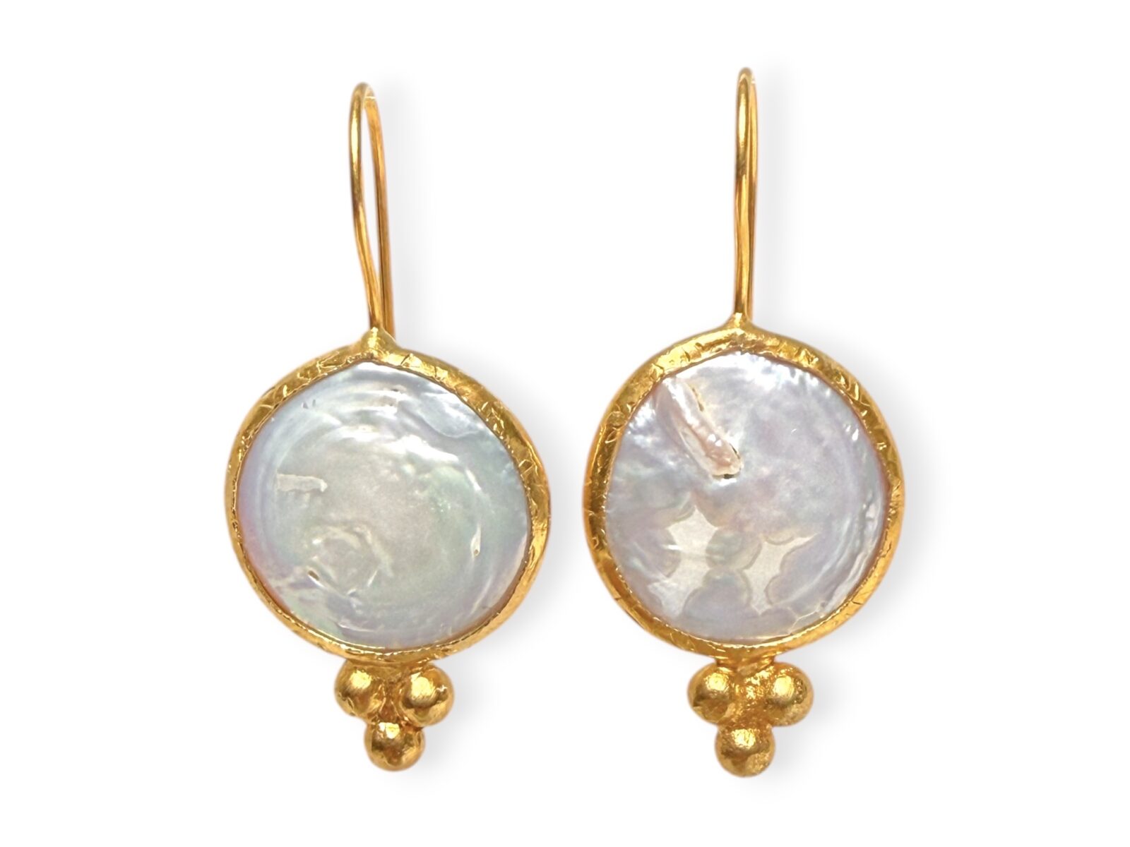 A Pair Of Gold Plated Earrings, Each With A White Freshwater Coin Pearl, Set In A Gold Plated Circular Frame.
