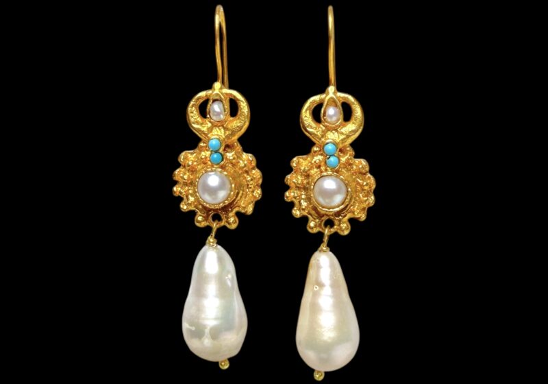 A Pair Of Gold Plated Drop Earrings, With A White Baroque Freshwater Pearl Pendant, Two White Freshwater Pearls, And Two Turquoise Round Beads.