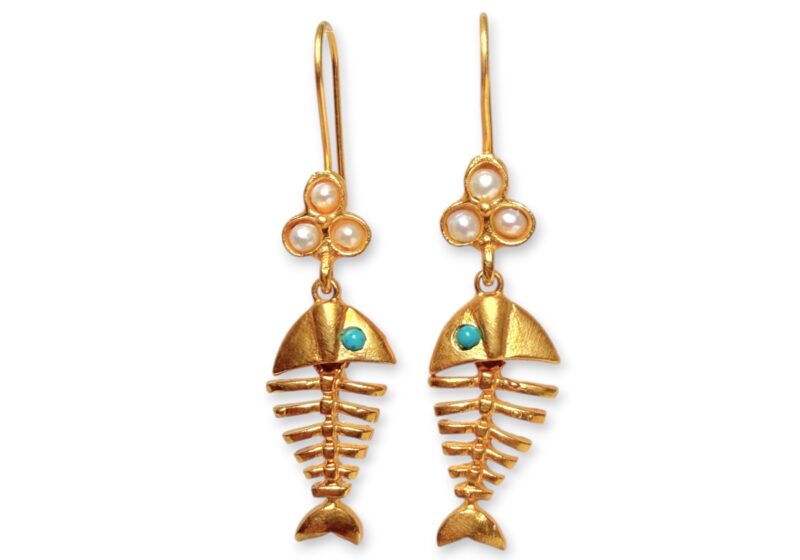 A Pair Of Gold Plated  Skeleton Fish Earrings, Each Inlaid With Three White Freshwater Pearls And One Turquoise Round Bead.
