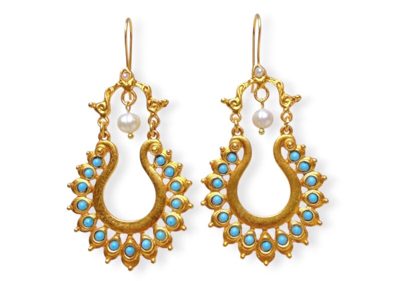 A Pair Of Gold Plated Curved Band Earrings, Each Inlaid With Fifteen Turquoise Small Round Beads And A White Freshwater Pearl Drop.