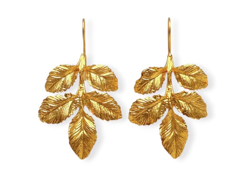 A Pair Of Gold Plated Earrings, Each Of Five Leaves, Suspended From A Gold Plated Wire Hook.