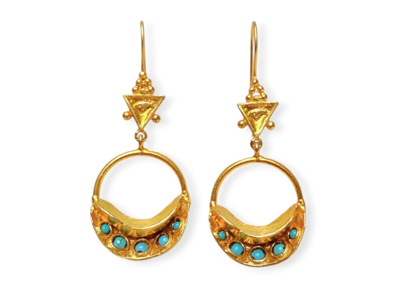 A Pair Of Gold Plated Curved Ridged Bands 'Star Fruit' Earrings, Inlaid, On Each Side, With Five Small Round Turquoise Beads.
