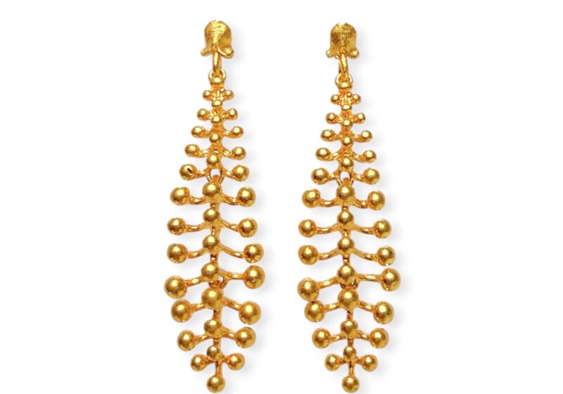 A Pair Of Gold Plated Long Drop Earrings Of Three Linked Panels, Each With Gold Plated Domed Circular Beads On Curved Bands.
