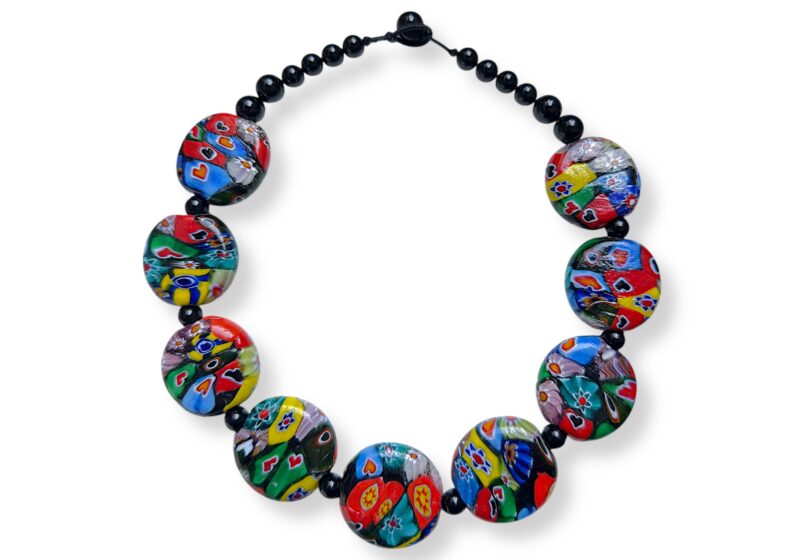 A Necklace Of Nine Indian Millefiori Large Circular Glass Beads With Black Onyx Round Spacers And Beads.