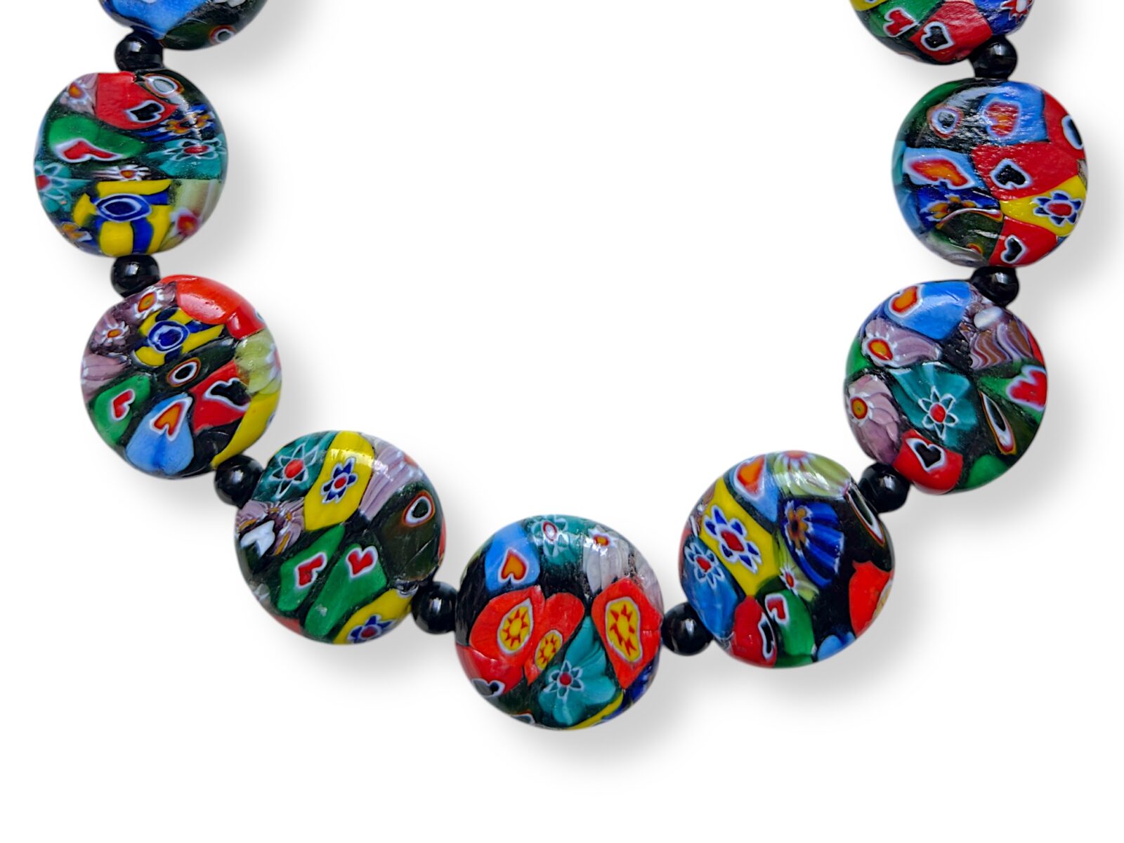A Necklace Of Nine Indian Millefiori Large Circular Glass Beads With Black Onyx Round Spacers And Beads. - Image 2