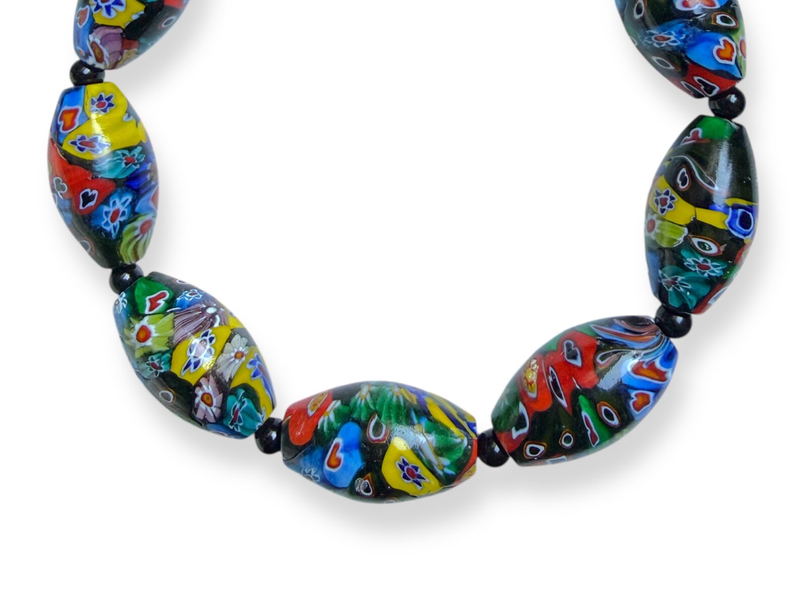A Necklace Of Seven Indian Large Oval Millefiori Glass Beads With Black Onyx Round Spacers And Beads. - Image 2