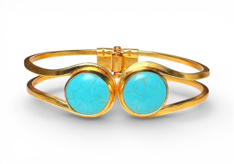 Gold Plated Hinged Two Bands Cuff With Two Circular Turquoise Dyed Howlite Cabochons