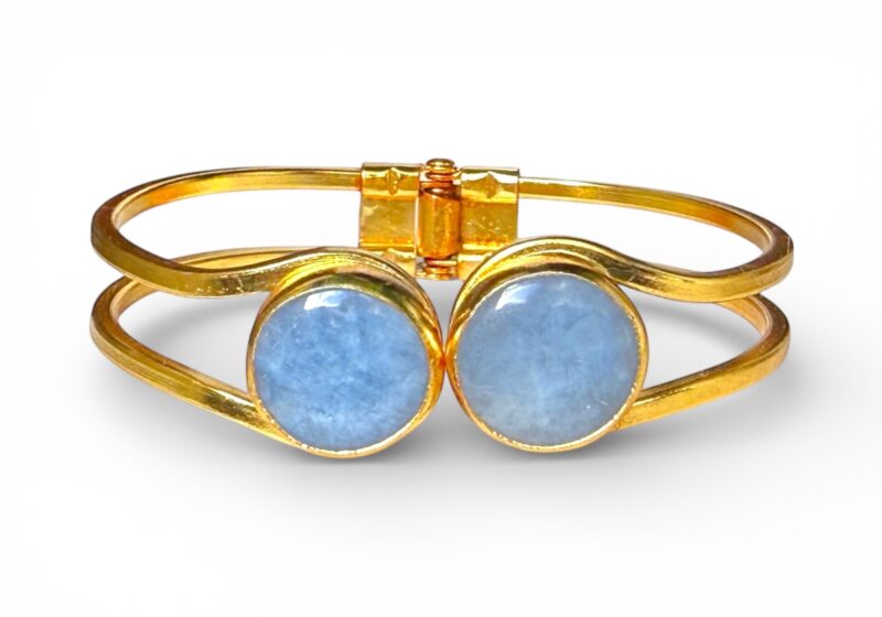 Gold Plated Hinged Two Bands Cuff With Two Circular Blue Dyed Agate Cabochons