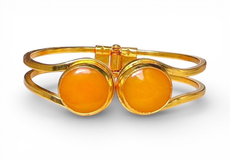 Gold Plated Hinged Two Bands Cuff With Two Circular Orange Dyed Agate Cabochons