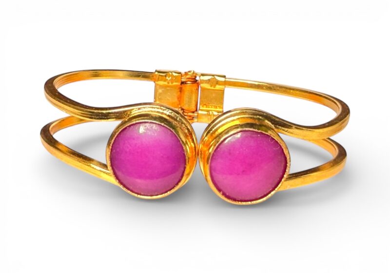 Gold Plated Hinged Two Bands Cuff With Two Circular Purple Dyed Agate Cabochons