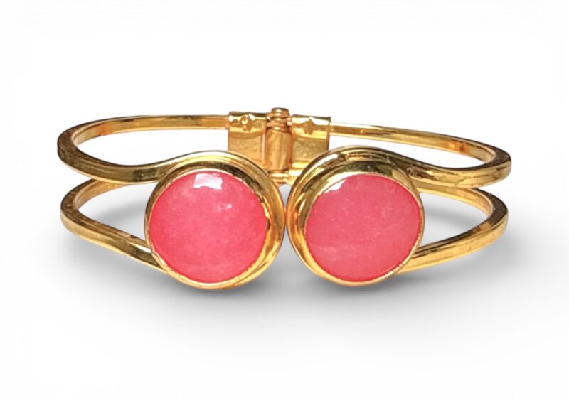 Gold Plated Hinged Two Bands Cuff With Two Circular Pink Dyed Agate Cabochons