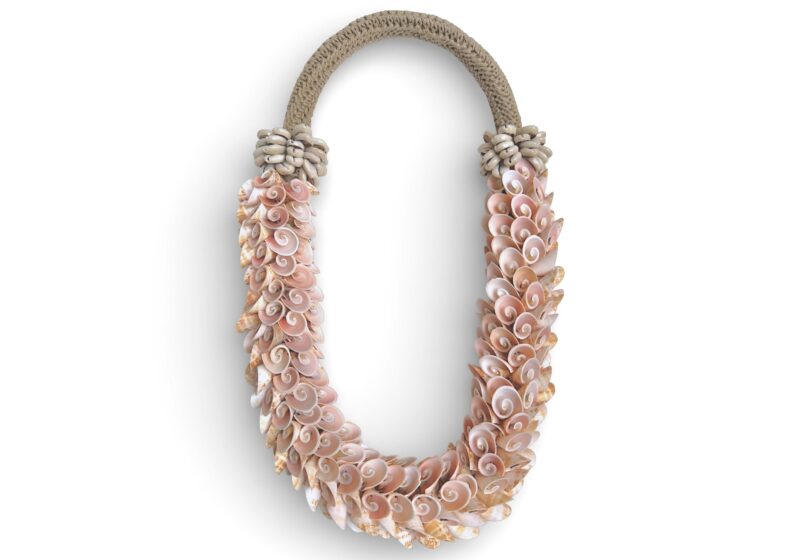A New Guinea Long Necklace Of White Braided Rope, With Small Pink Curled Shells, And Small Cream Cowrie Shells