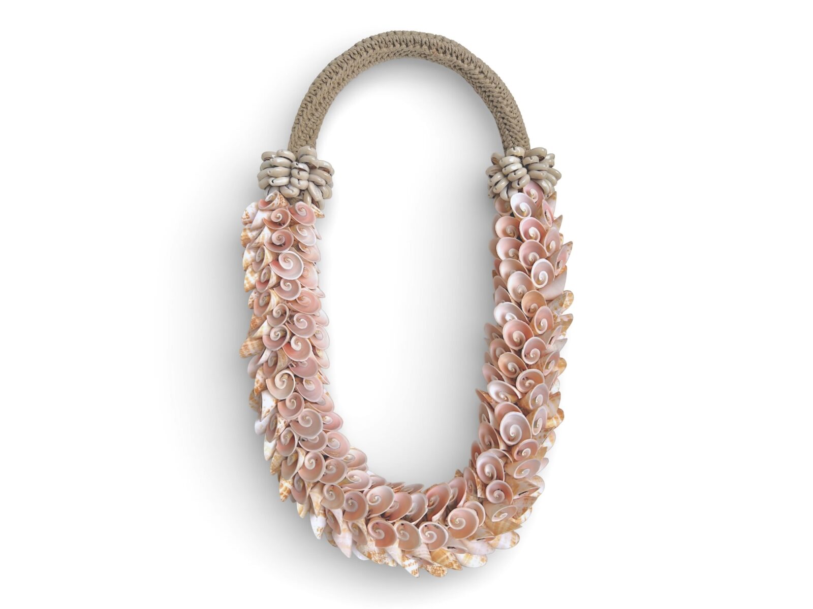 A New Guinea Long Necklace Of White Braided Rope, With Small Pink Curled Shells, And Small Cream Cowrie Shells