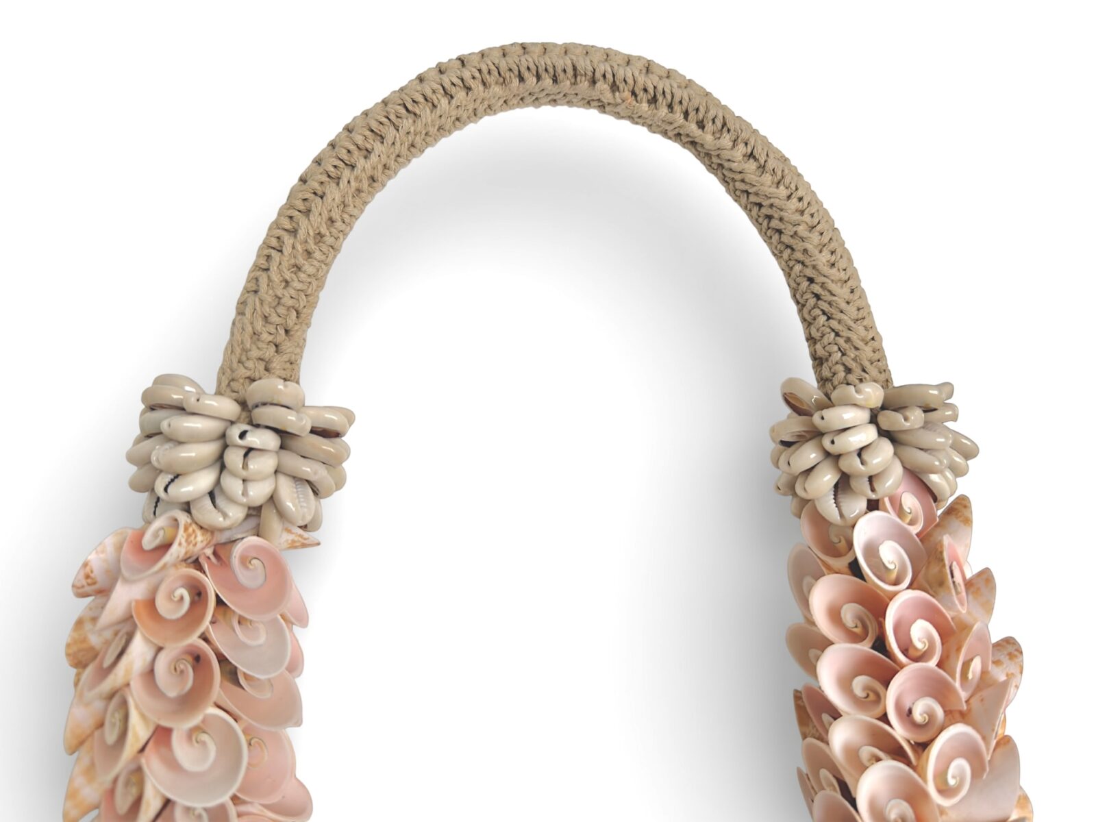 A New Guinea Long Necklace Of White Braided Rope, With Small Pink Curled Shells, And Small Cream Cowrie Shells - Image 2