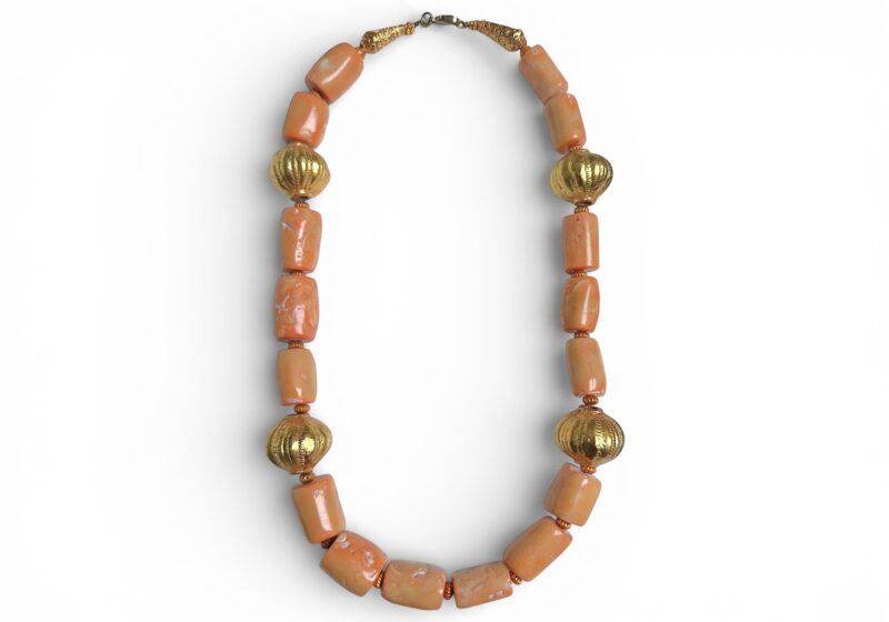 Necklace Of Orange Dyed Sea Bamboo Coral Tubular Beads And Four Large Gold Plated Beads