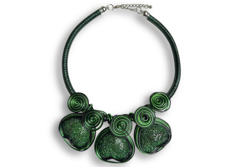 Metallic Green Cord Necklace With Three Facetted Green Glass Inlaid Hearts