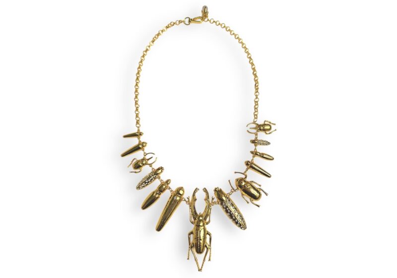 Gold Plated Long Chain Necklace With Linked Beetle Pendant Drops