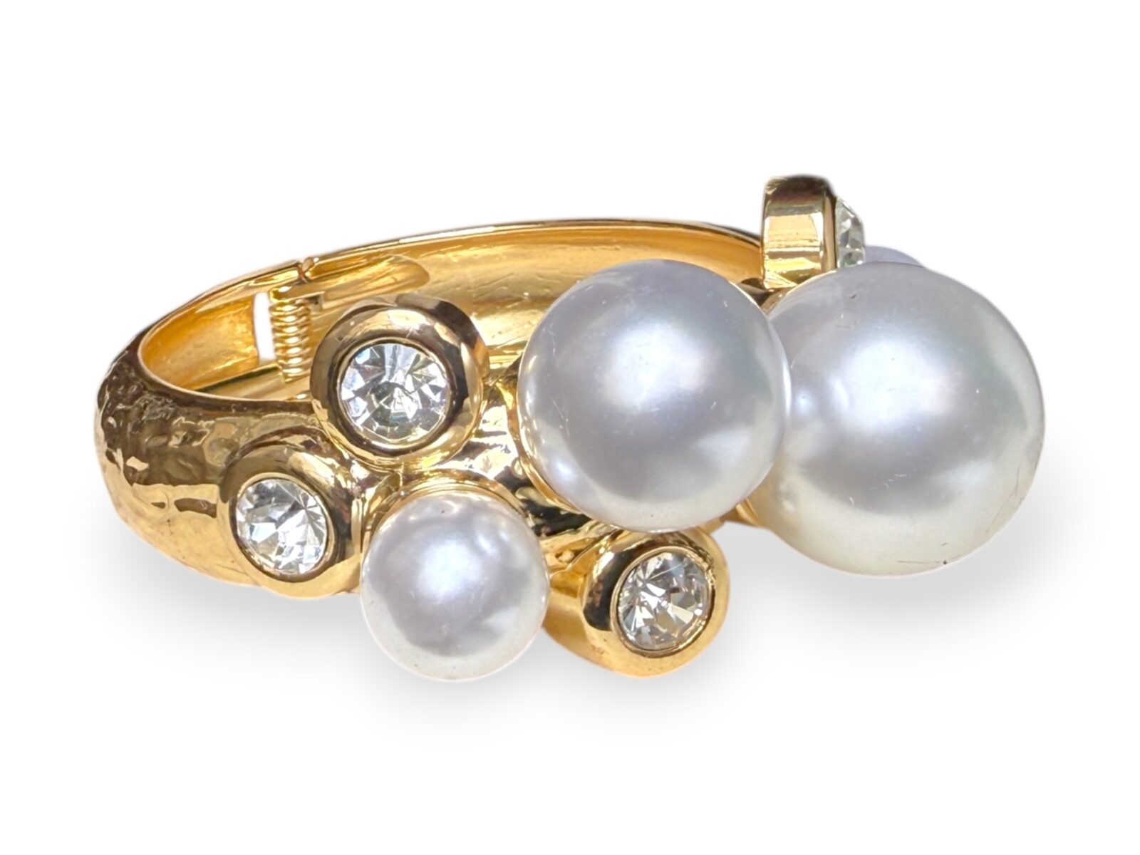 A Golden Metal Hinged Cuff With Four Round White Glass 'Faux Pearls', And Five Clear Facetted Glass Domed Circular Cabochons. - Image 2