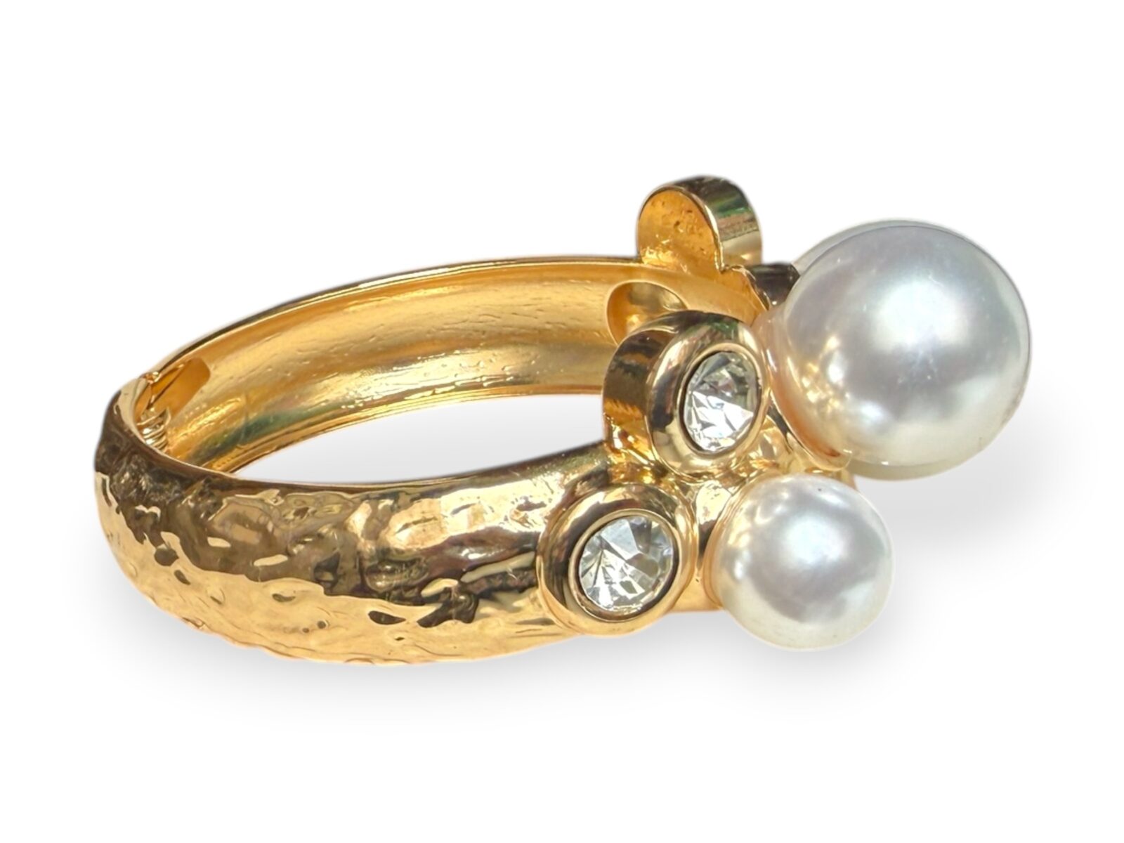 A Golden Metal Hinged Cuff With Four Round White Glass 'Faux Pearls', And Five Clear Facetted Glass Domed Circular Cabochons. - Image 3